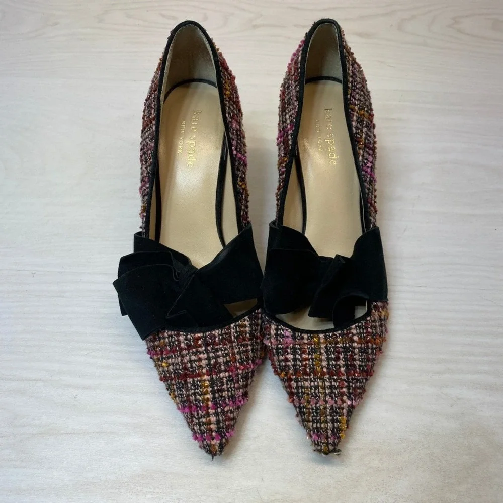 Kate Spade Womens 7.5M Ursula Tweed Pumps Bow Pointed Toe Pink Black Heels